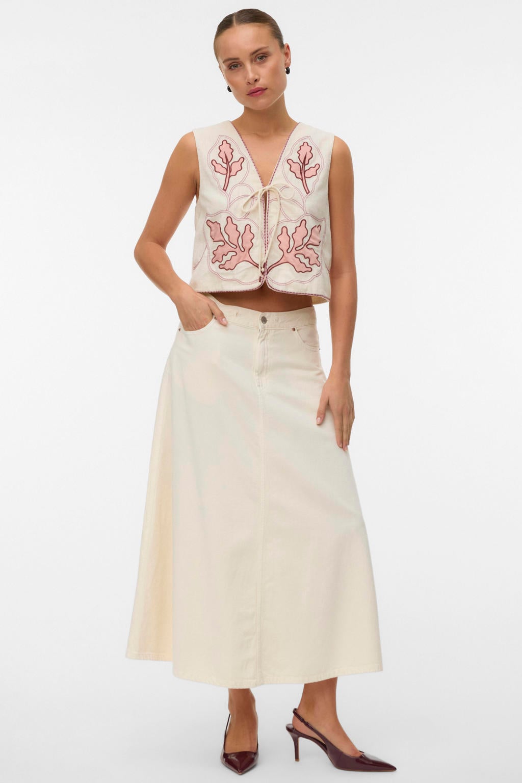 Ecru dames VERO MODA gilet van katoen met effen, V-hals, trekkoorden en borduursels