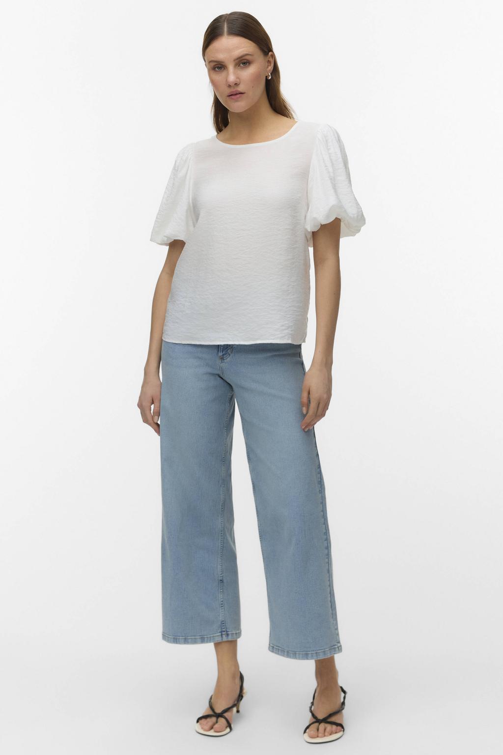 Witte dames VERO MODA top van viscose met effen, korte mouwen, ronde hals en geweven detail