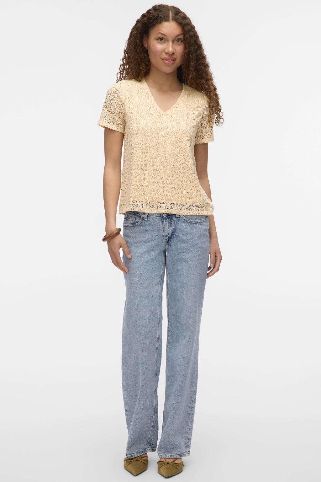 Beige dames VERO MODA top crochet van polyester met effen, korte mouwen en V-hals
