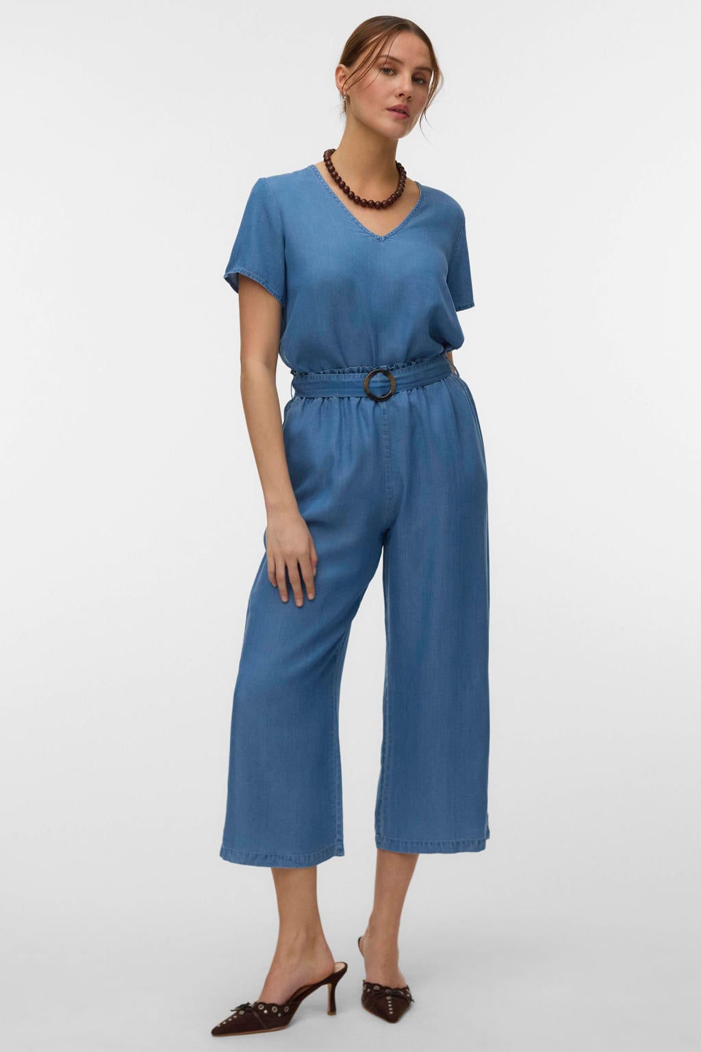 Medium blue denim dames VERO MODA top van lyocell met effen, korte mouwen en V-hals