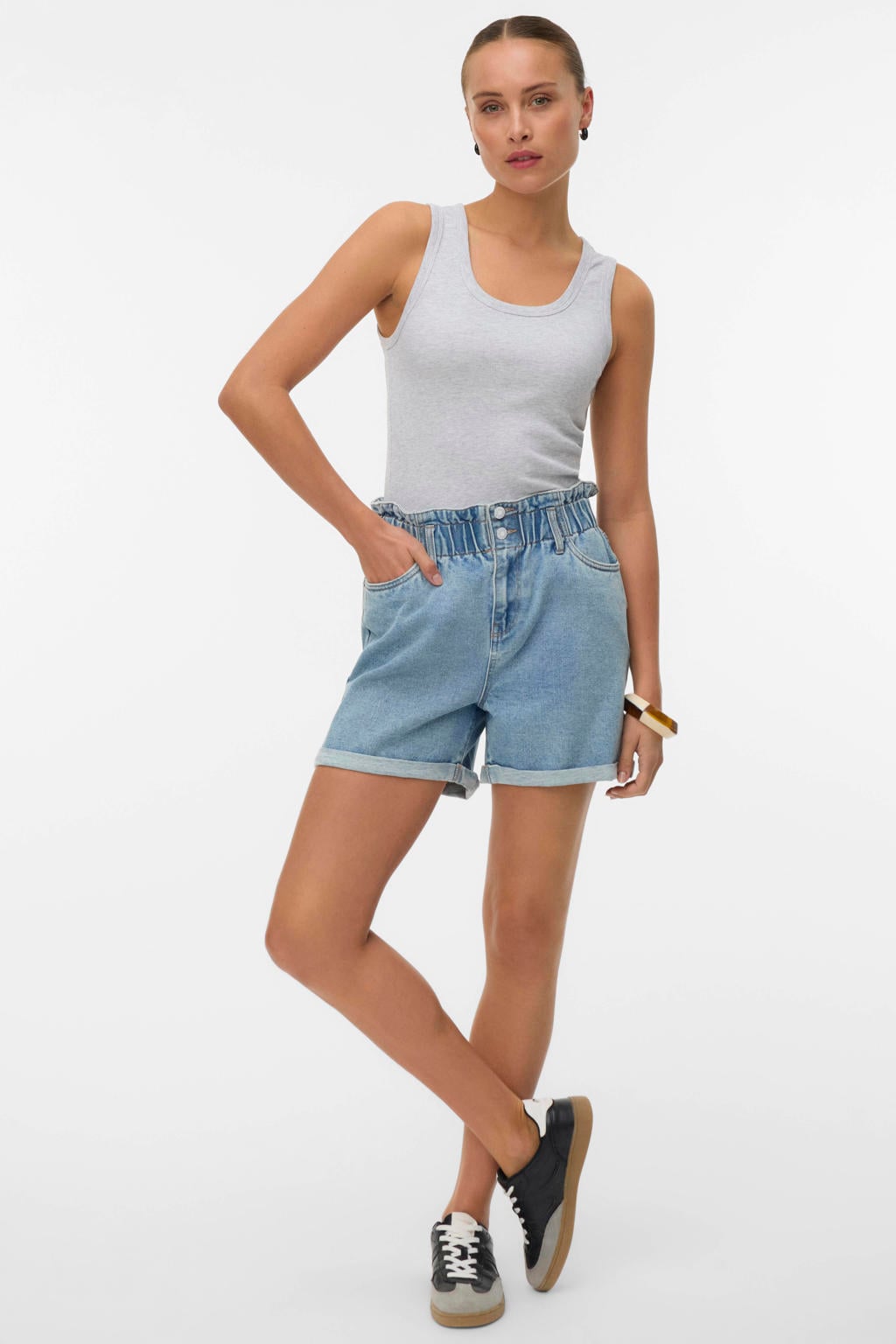 Light blue denim dames VERO MODA high waist casual short van denim met loose fit, rits- en knoopsluiting en effen