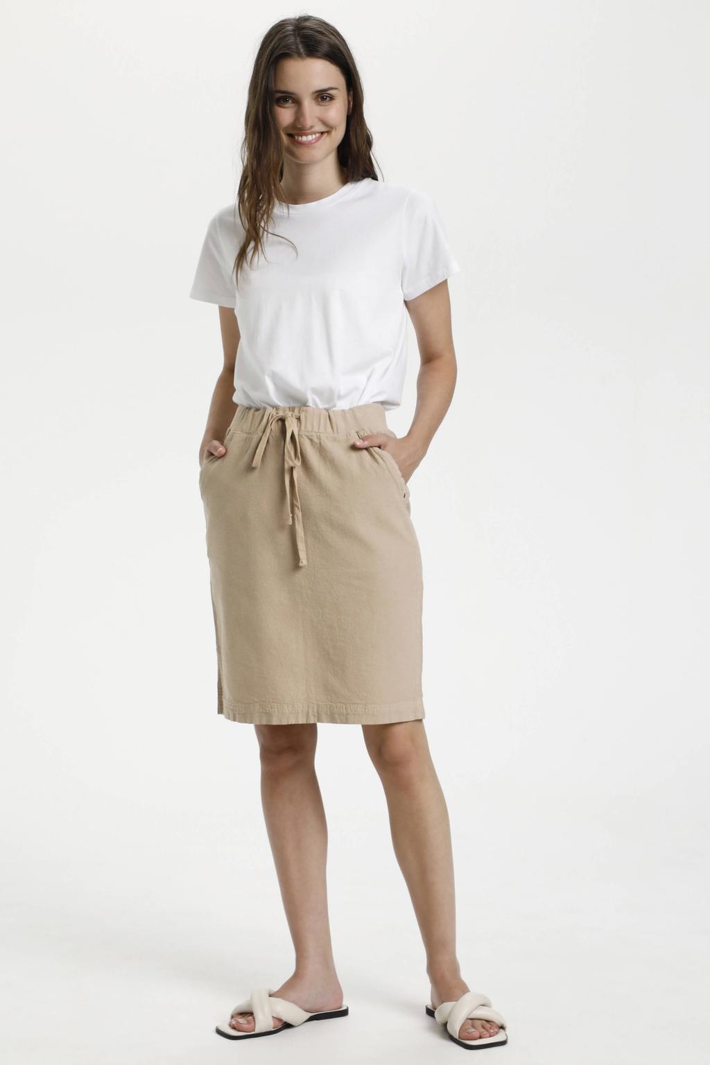 Beige dames Kaffe kokerrok gemaakt van katoen en met elastische tailleband met koord