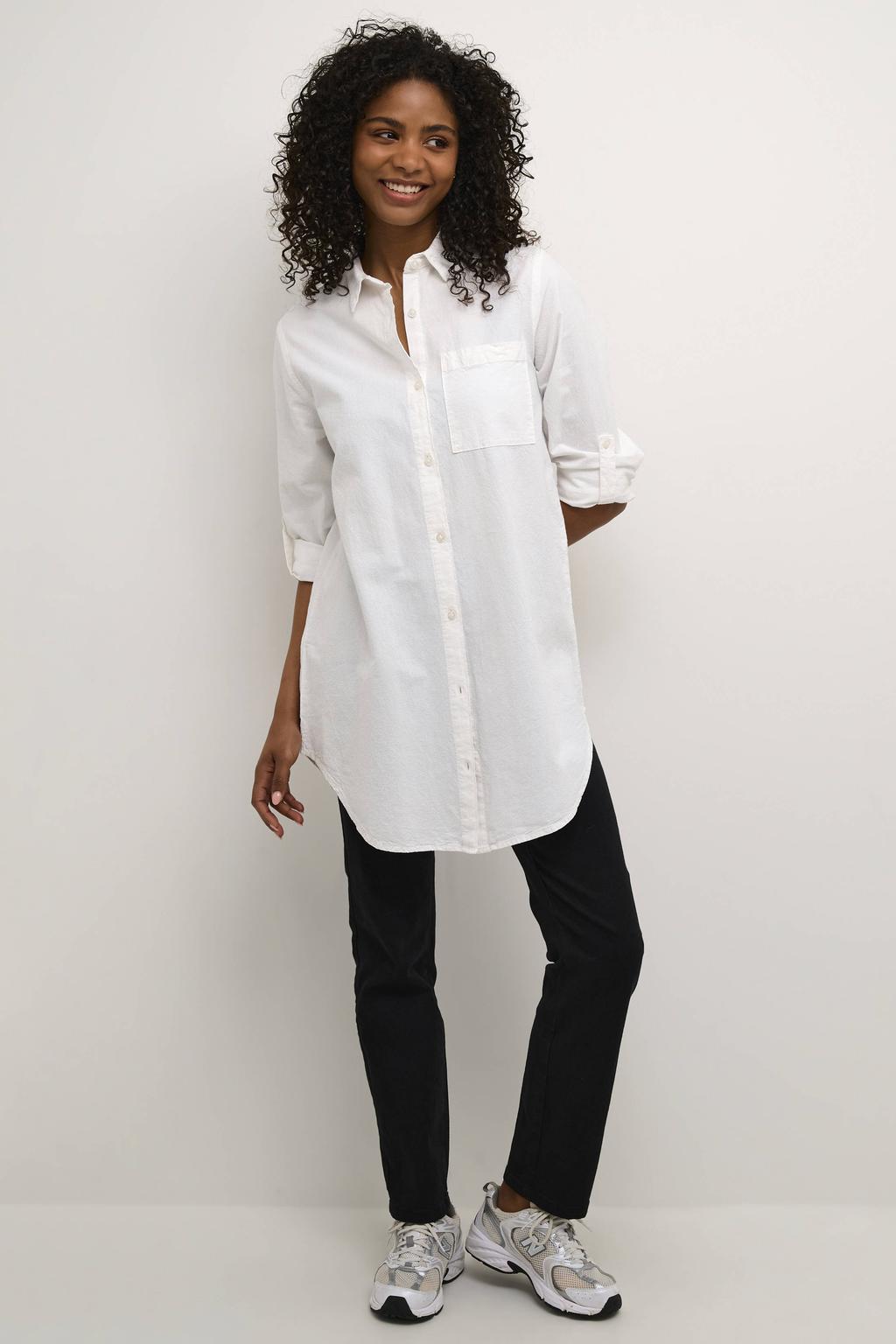 Witte dames Kaffe blouse van katoen met effen, lange mouwen, klassieke kraag, knoopsluiting en oprolfunctie