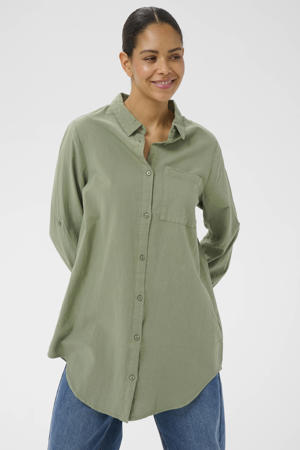 KAFFE Dames T-shirt, tuniek met oprolbare mouwen, oversized lange blouse casual jurk, groen/roze streep print, 44
