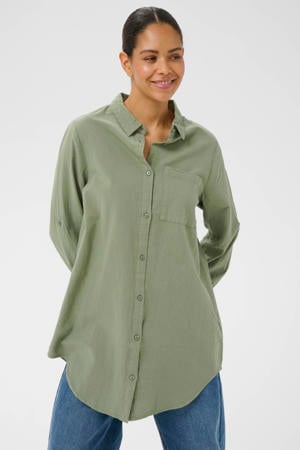 KAFFE Dames T-shirt, tuniek met oprolbare mouwen, oversized lange blouse casual jurk, groen/roze streep print, 44 KAFFE Dames T-shirt, tuniek met oprolbare mouwen, oversized lange blouse casual jurk, groen/roze streep print, 44