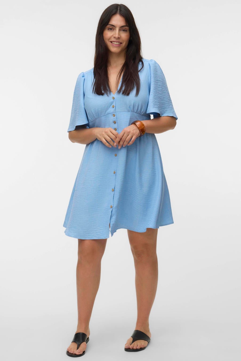 Lichtblauwe dames VERO MODA CURVE mini jurk Plus Size van polyester met effen en korte mouwen