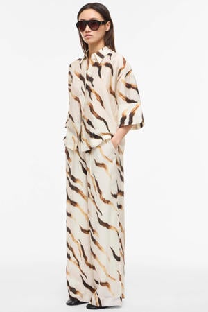 wide leg high waist casual broek met dierenprint ecru
