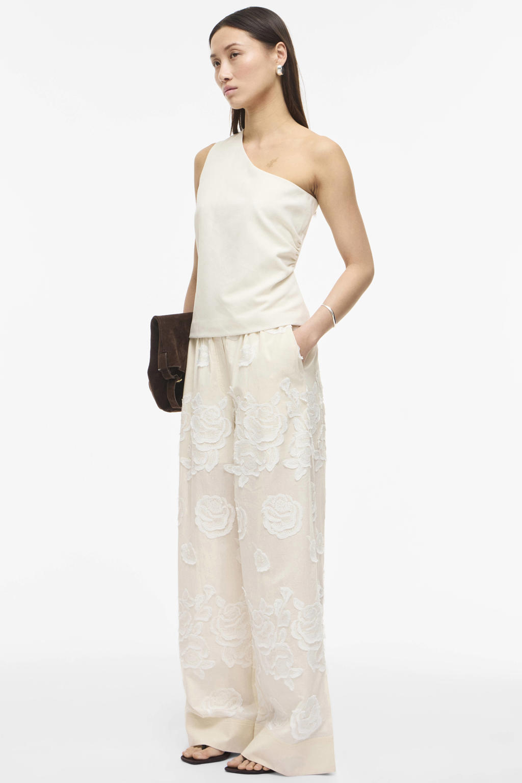 Ecru dames ROUGE EDIT one shoulder top van gerecycled polyester met effen, ritssluiting en geweven detail