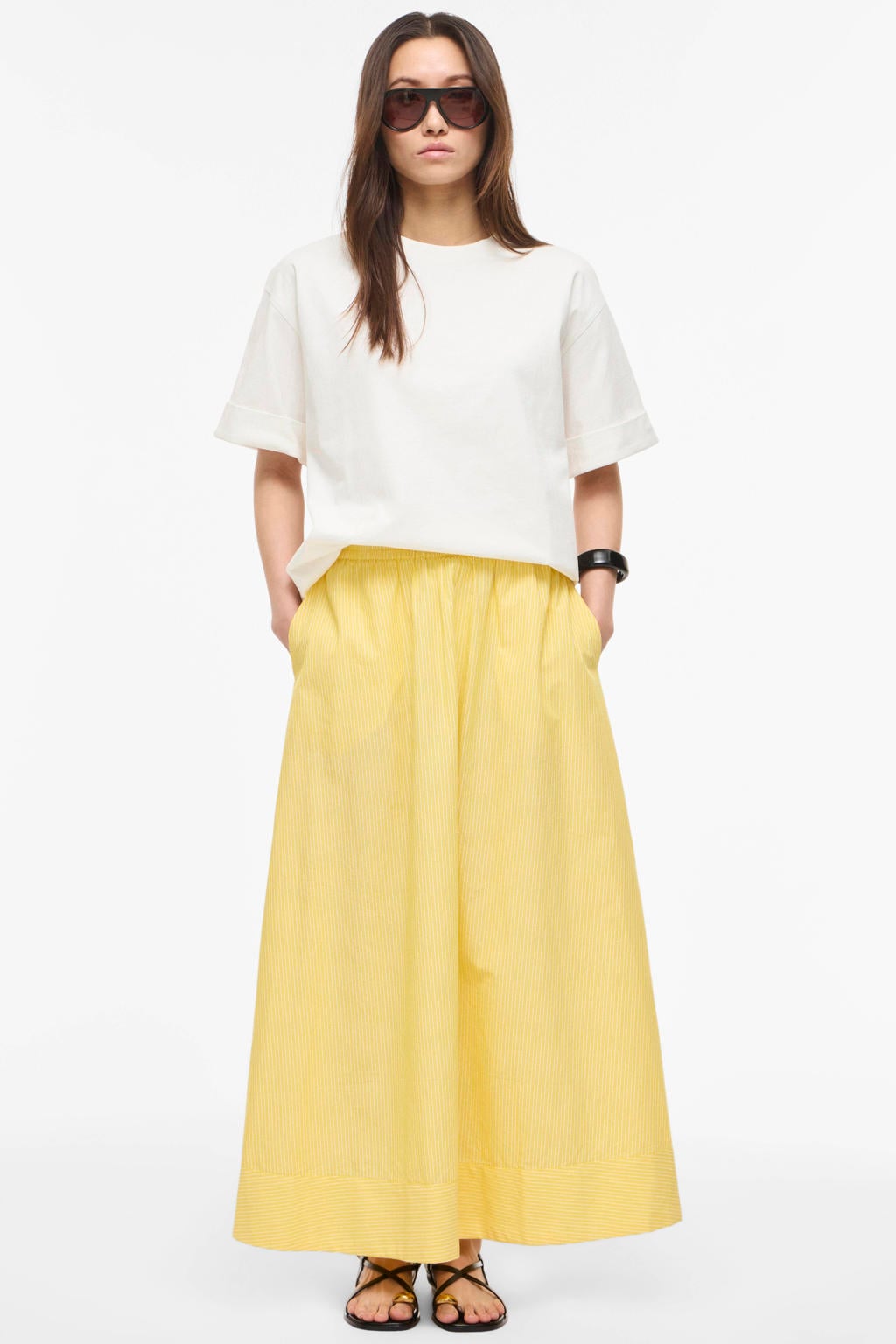 Lichtgele dames ROUGE EDIT gestreepte maxi rok gemaakt van katoen en met elastische tailleband