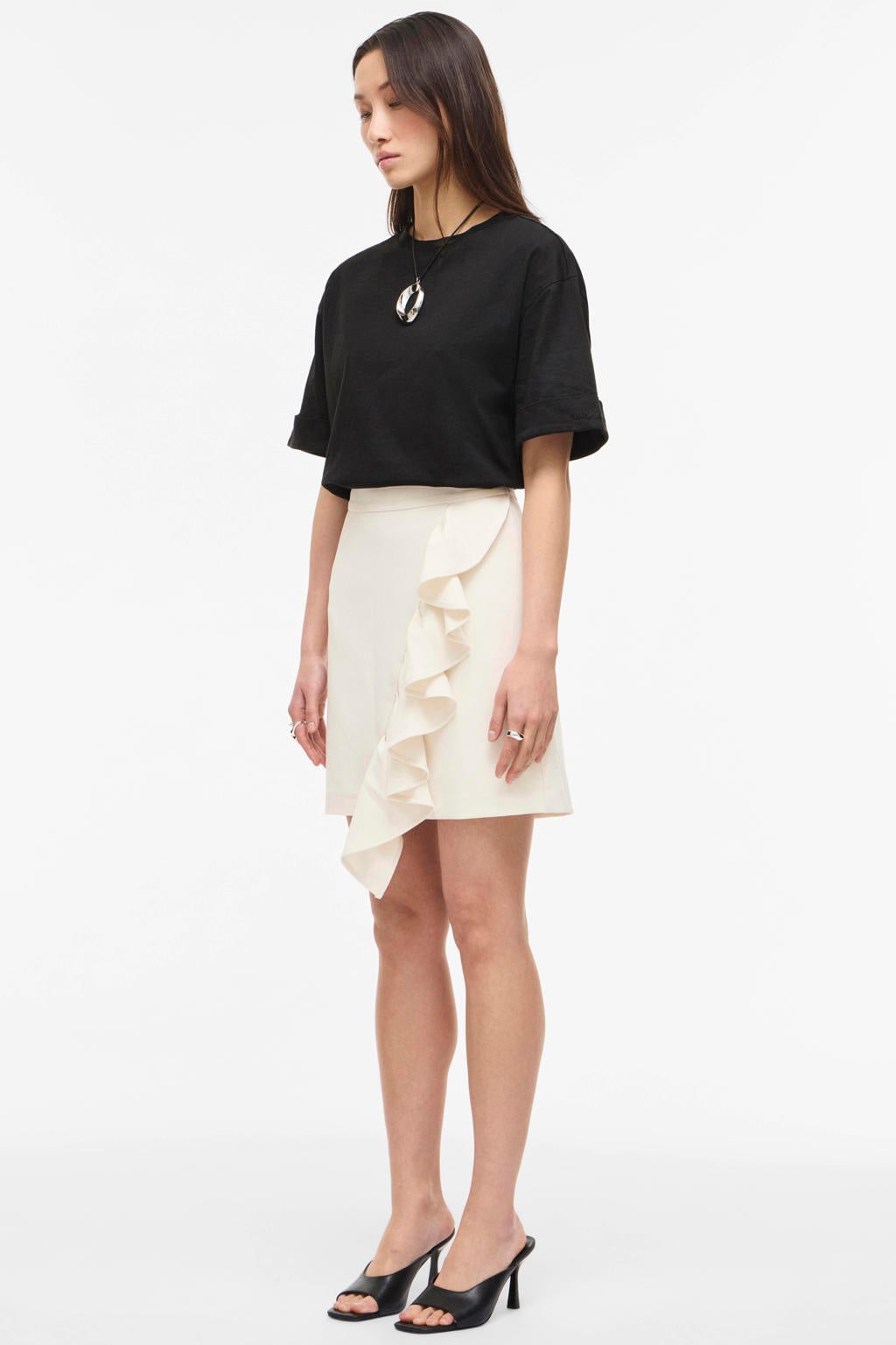 Ecru dames ROUGE EDIT korte rok van polyester met effen, ritssluiting en geweven detail