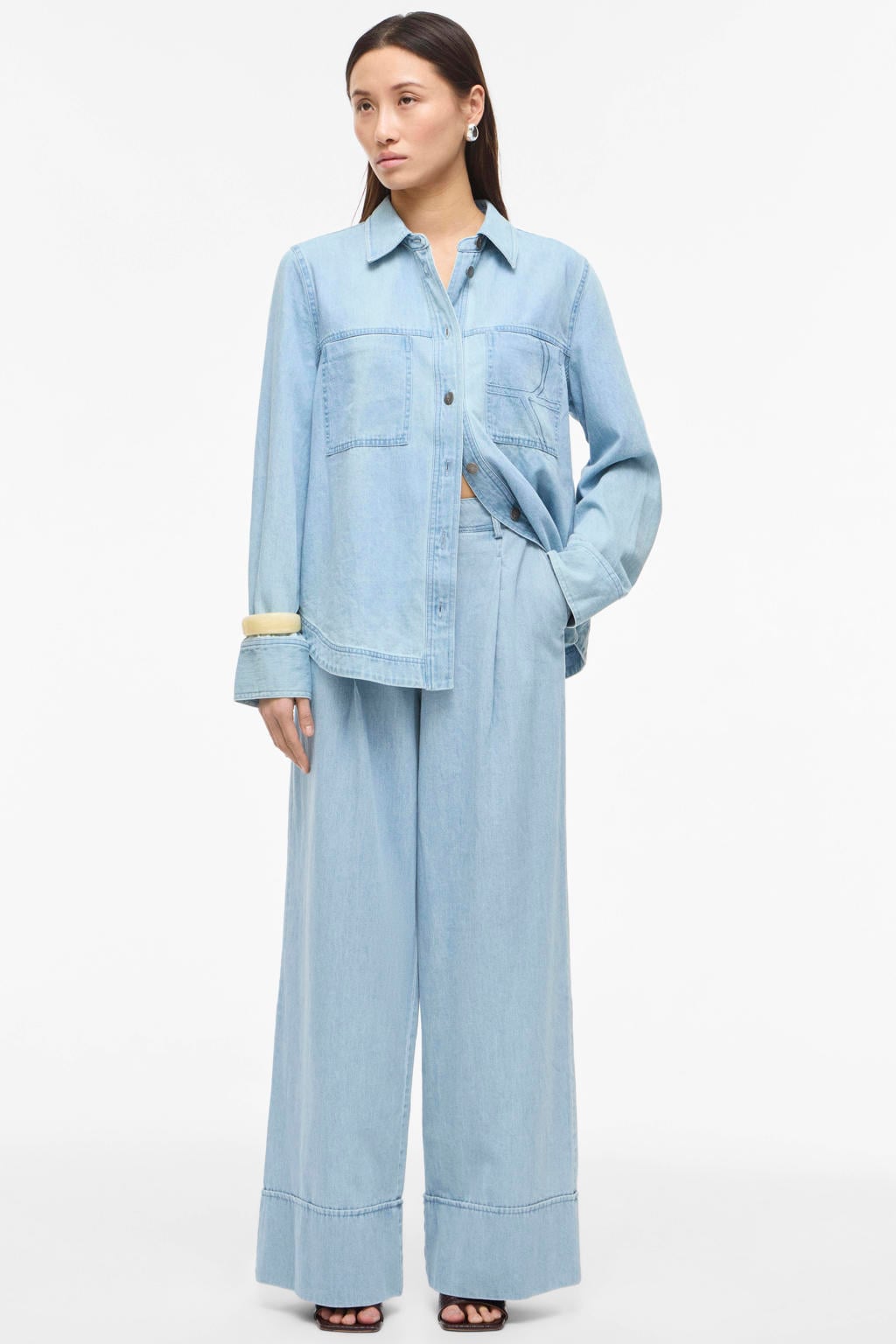 Light blue denim dames ROUGE EDIT Roufrancie Mae Rw Wf F L Trouser 1 wide leg jeans van denim met rits- en knoopsluiting en effen