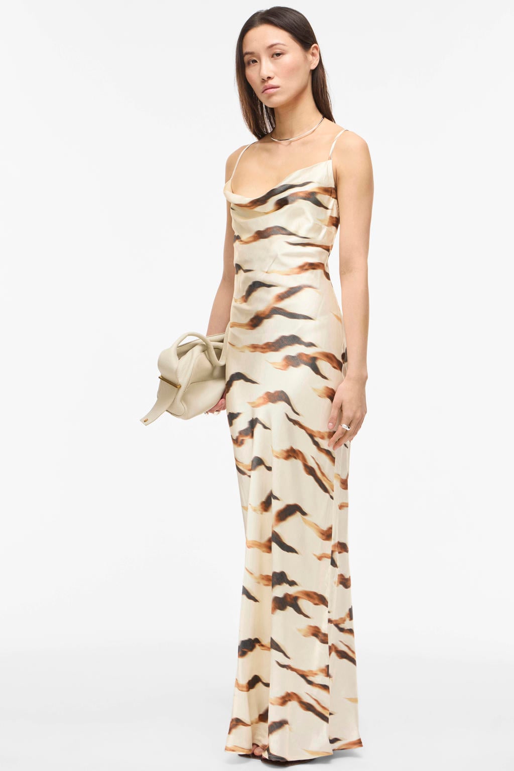 Ecru en bruine dames ROUGE EDIT maxi jurk van modal met dierenprint, spaghettibandjes, boothals en ritssluiting