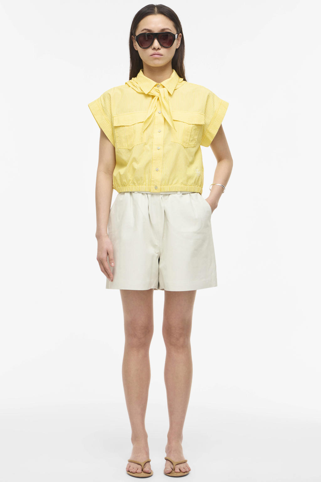 Lichtgele dames ROUGE EDIT gestreepte blouse van katoen met klassieke kraag, knoopsluiting en elastische boord