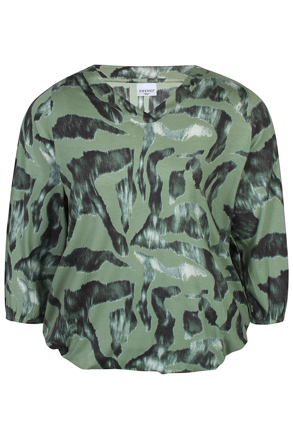 Groene dames Zhenzi gebloemde top van viscose met half lange mouwen en V-hals