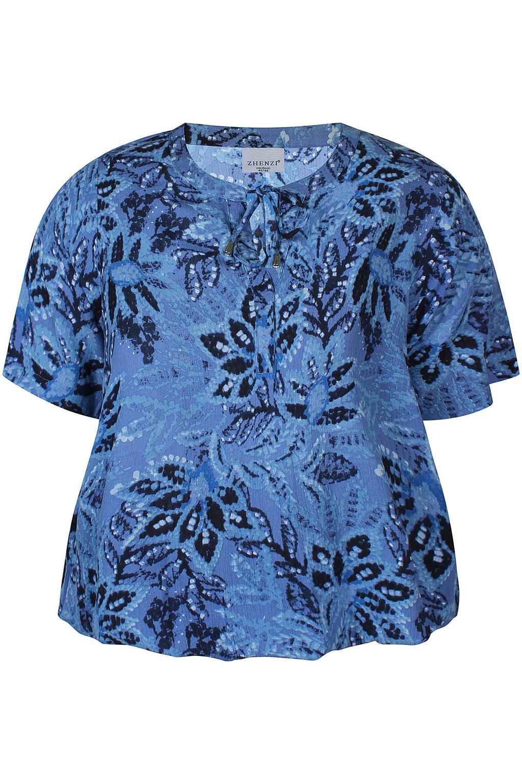 Blauwe dames Zhenzi gebloemde top van viscose met korte mouwen en strikkraag
