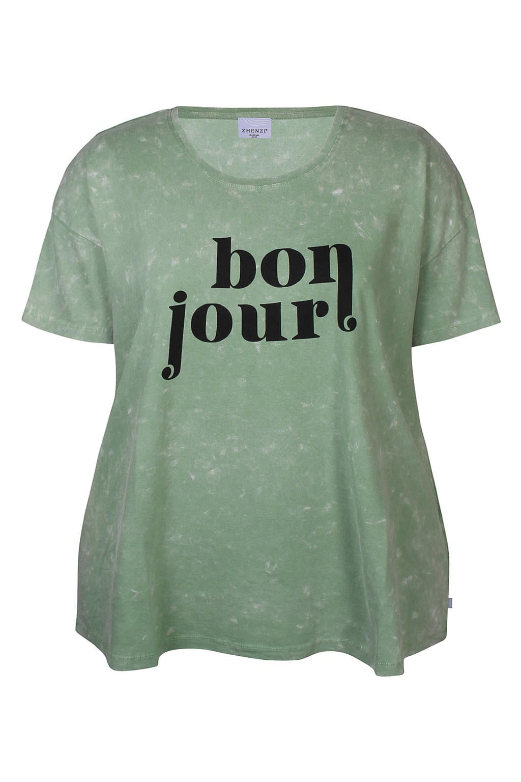 Groene dames Zhenzi T-shirt van katoen met tekst print, korte mouwen en ronde hals
