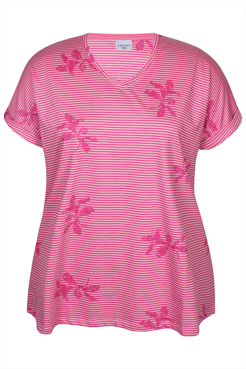 Roze dames Zhenzi gebloemd T-shirt van katoen met korte mouwen en ronde hals