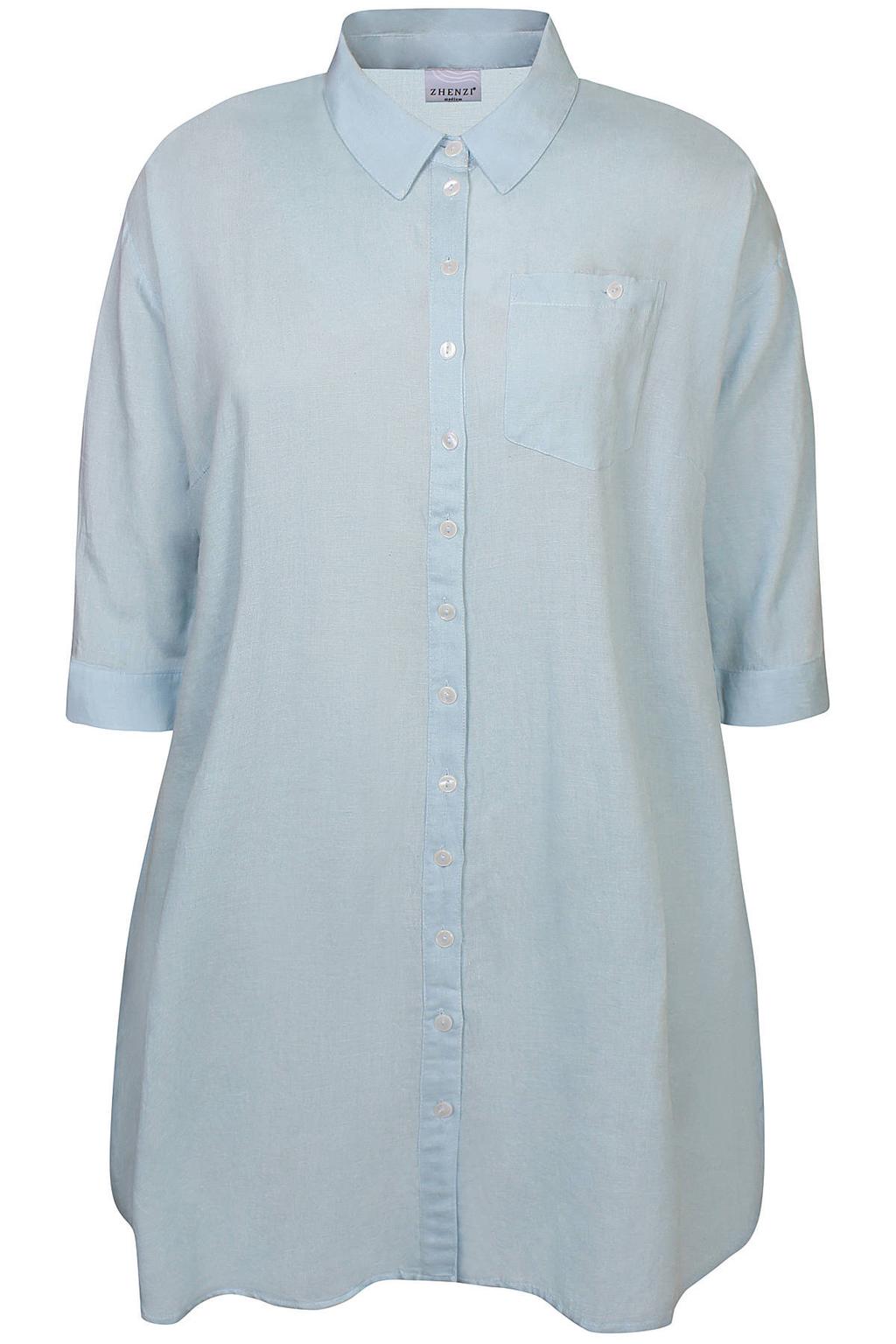 Lichtblauwe dames Zhenzi blouse van viscose met effen, lange mouwen, klassieke kraag en knoopsluiting