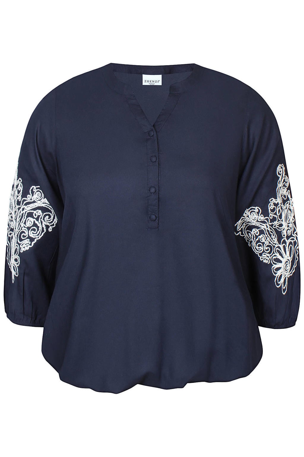 Donkerblauwe dames Zhenzi T-shirt van viscose met effen, korte mouwen en ronde hals