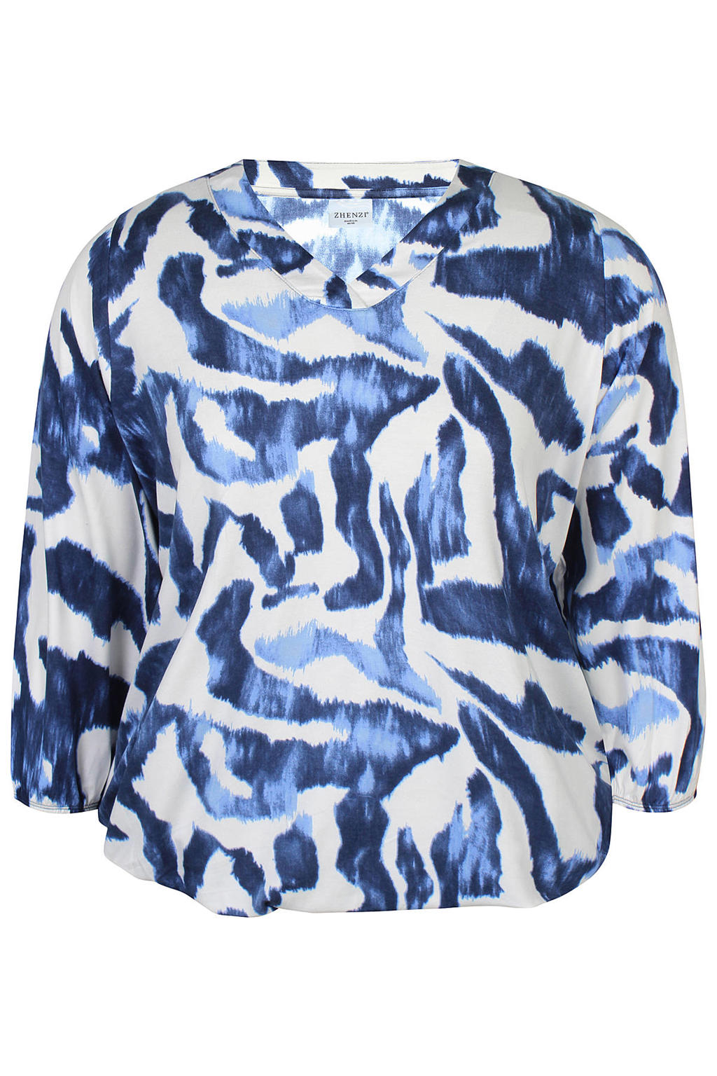 Blauw en witte dames Zhenzi gebloemde top van viscose met half lange mouwen en V-hals
