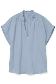 thumbnail: Lichtblauwe dames VERO MODA blousetop van katoen met effen, korte mouwen, V-hals en geweven detail