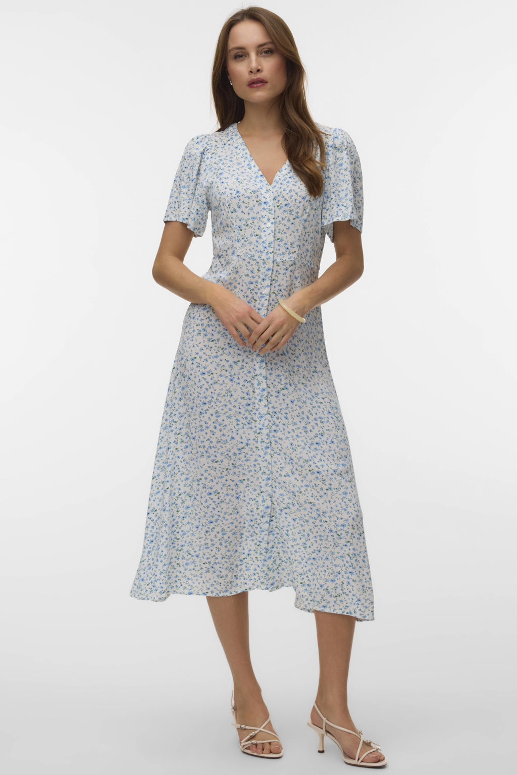 Lichtblauw, ecru en groene dames VERO MODA gebloemde maxi jurk van viscose met korte mouwen, V-hals en geweven detail