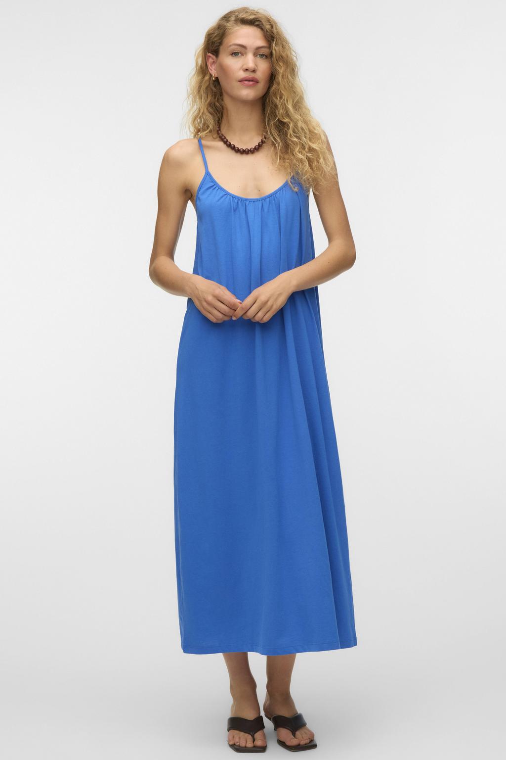 Blauwe dames VERO MODA zomerjurk van katoen met effen, spaghettibandjes, ronde hals en plooien