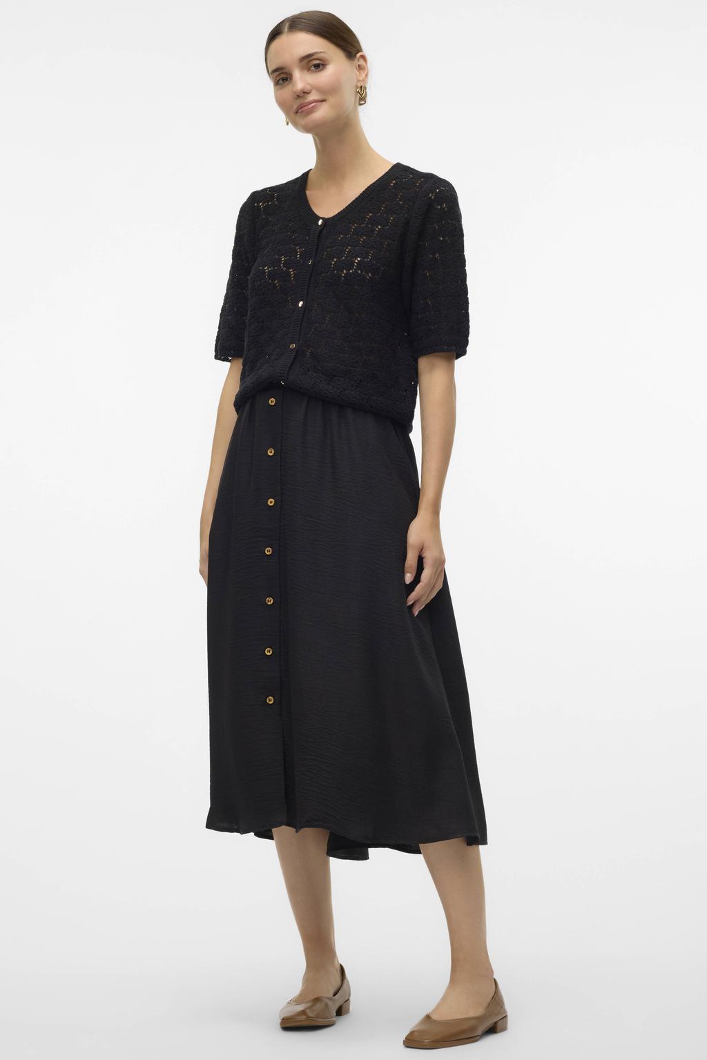 Zwarte dames VERO MODA midi rok gemaakt van polyester en met knoopsluiting