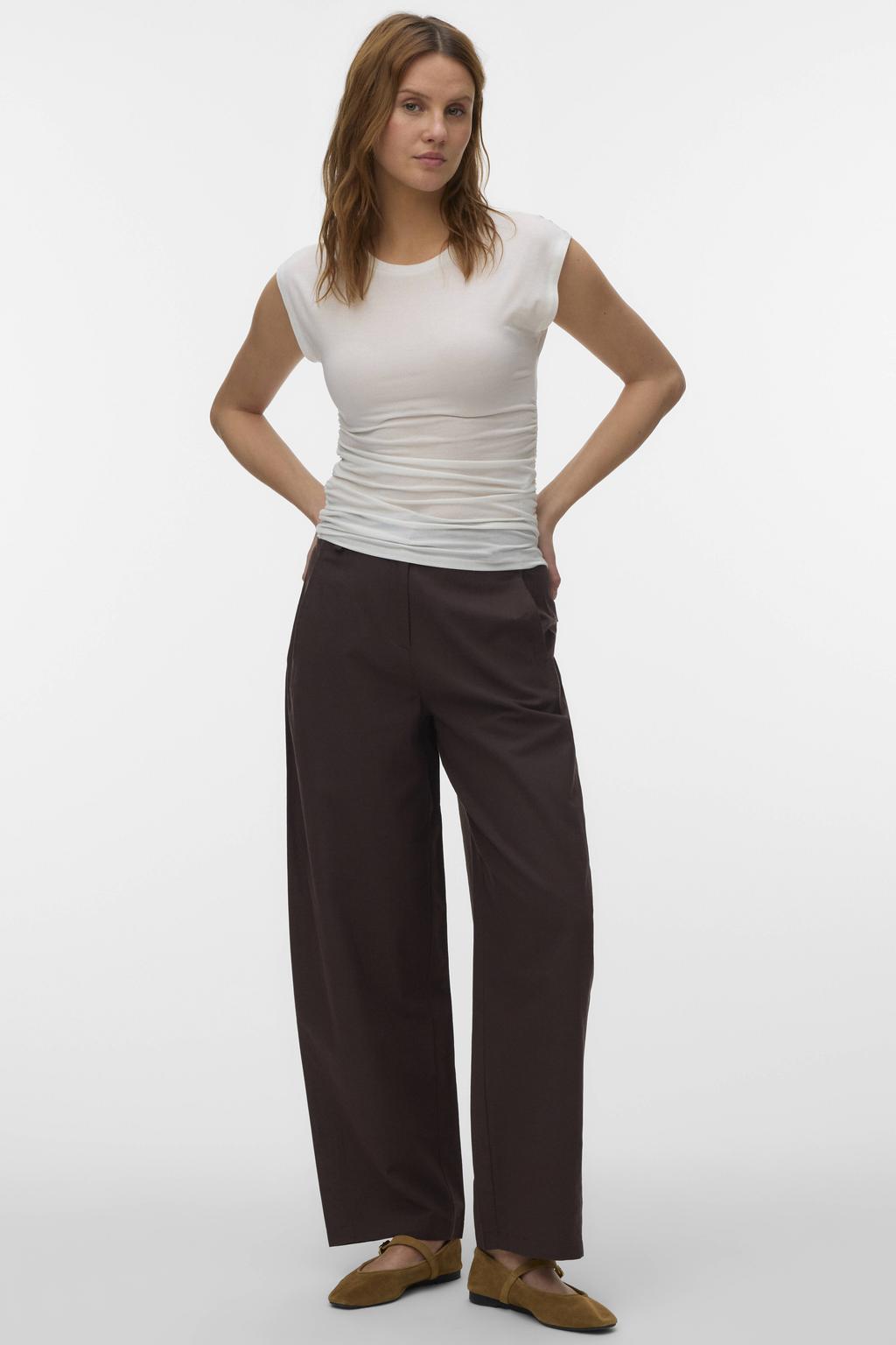 Witte dames VERO MODA top van lyocell met effen, korte mouwen en ronde hals