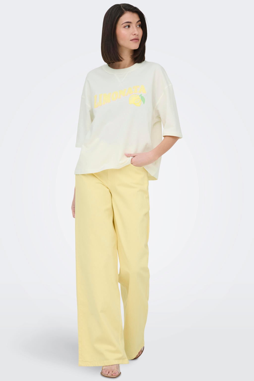 Wit en gele dames JDY T-shirt van katoen met printopdruk, half lange mouwen en ronde hals