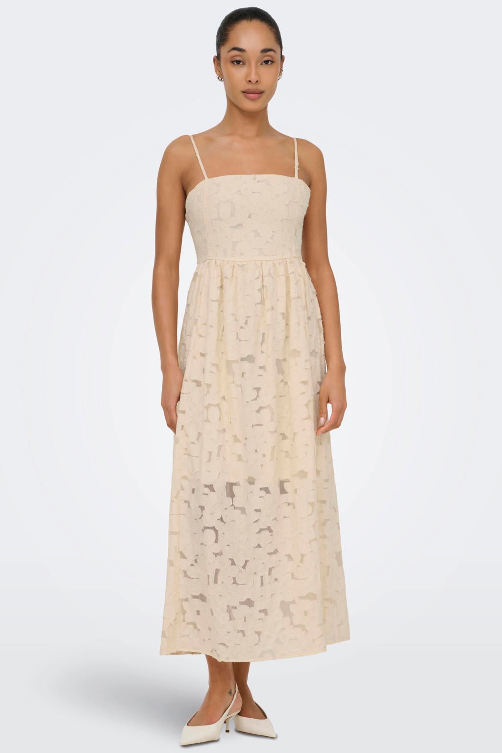 Beige dames JDY maxi jurk broderie van modal met spaghettibandjes, vierkante hals en ritssluiting