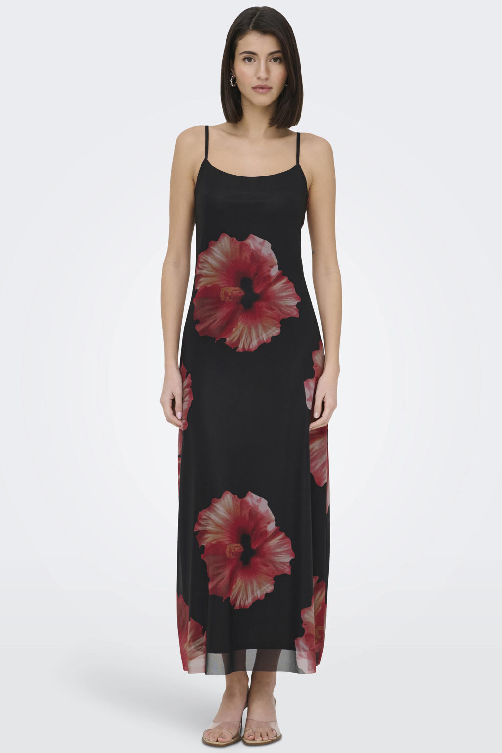 Zwart en rode dames JDY gebloemde maxi jurk van polyester met spaghettibandjes, ronde hals en mesh
