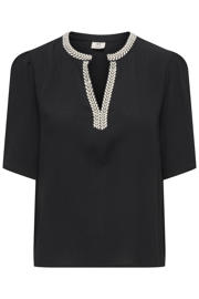thumbnail: Zwarte dames JDY blousetop van viscose met effen, korte mouwen, V-hals en contrast stiksels