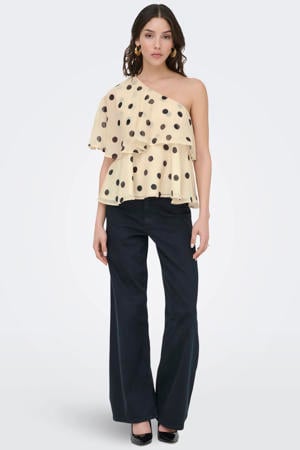 one shoulder top met stippen ecru