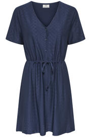 thumbnail: Donkerblauwe dames JDY korte jurk ajour van polyester met effen, korte mouwen, V-hals en knoopsluiting