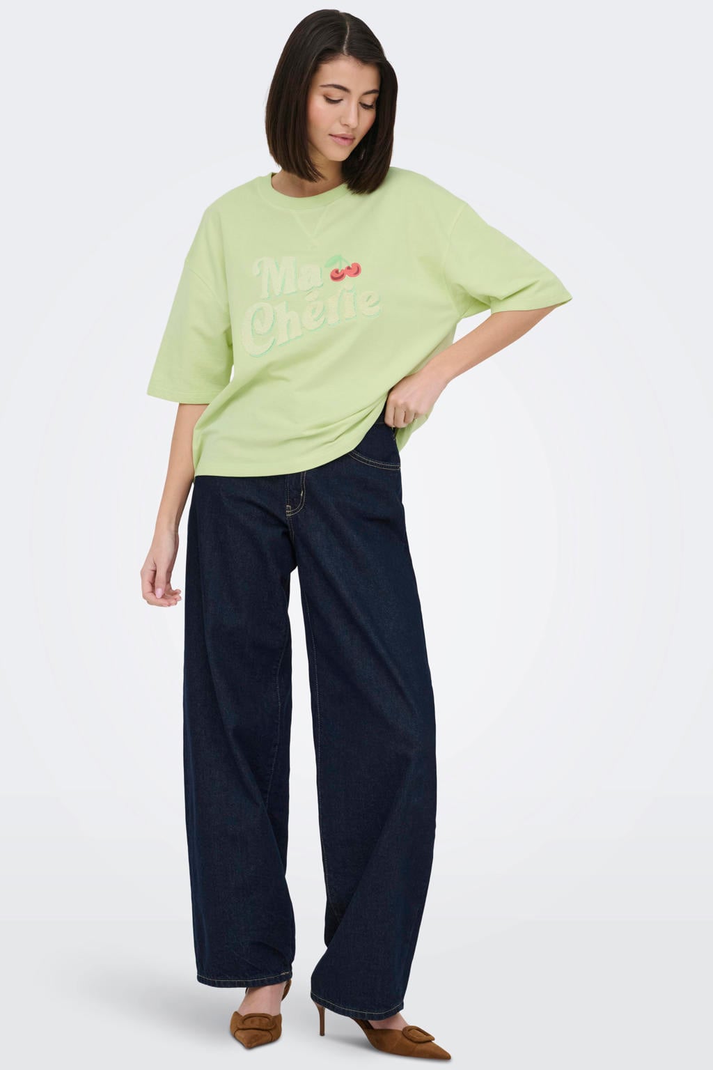 Lichtgroene dames JDY T-shirt van katoen met printopdruk, half lange mouwen en ronde hals