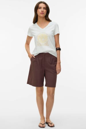 straight high waist bermuda short met linnen donkerbruin