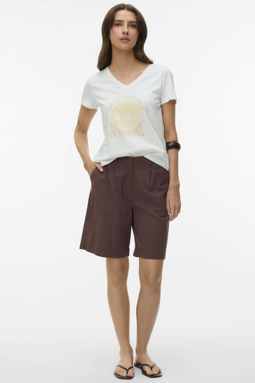 Donkerblauwe dames VERO MODA straight high waist bermuda short van linnen met rits- en knoopsluiting en effen