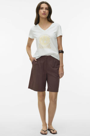 straight high waist bermuda short met linnen donkerbruin