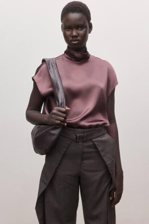 zijden top met col aubergine