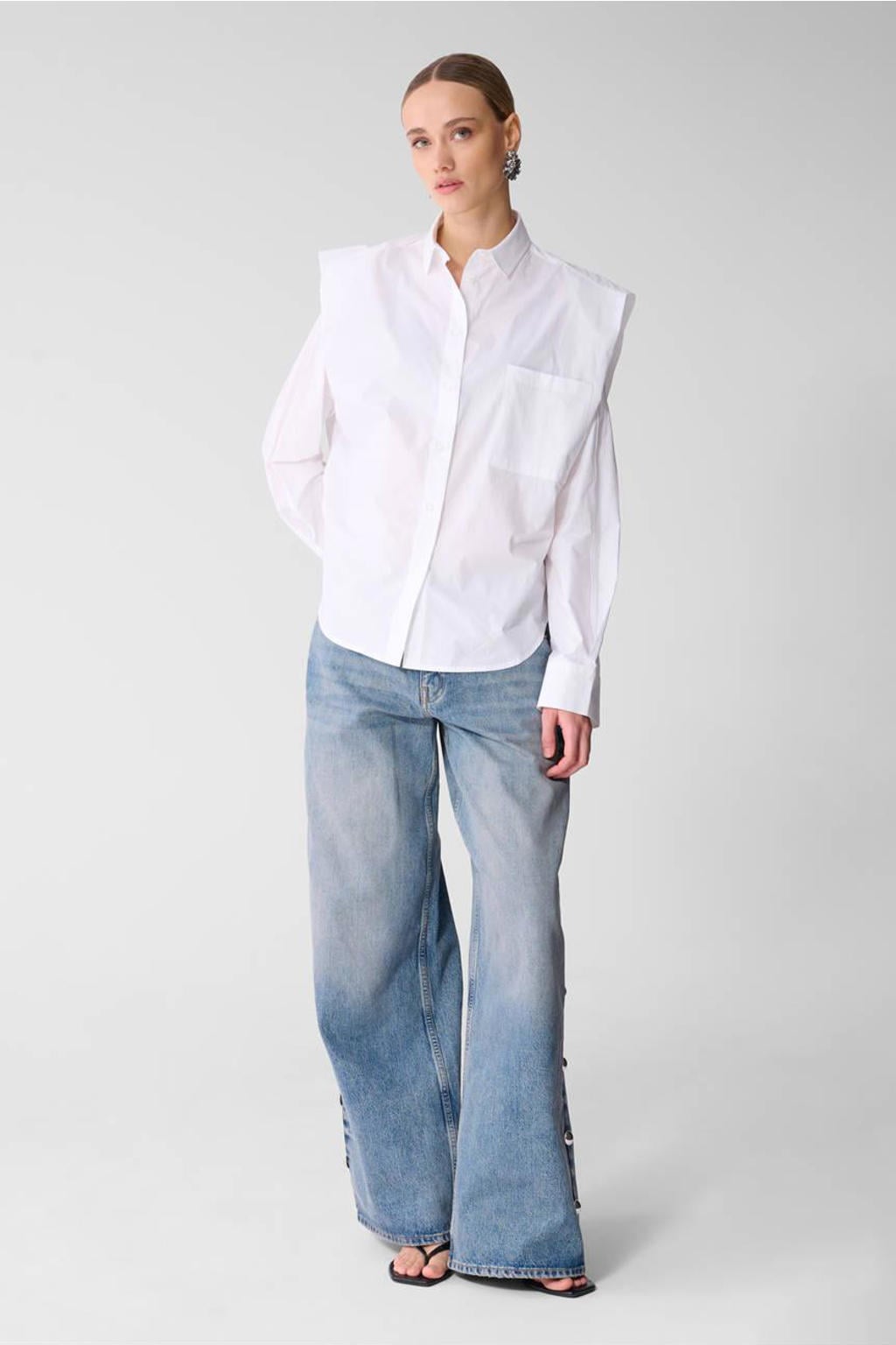 Witte dames Shoeby blouse van katoen met effen, lange mouwen, button down sluiting, knoopsluiting en schoudervulling