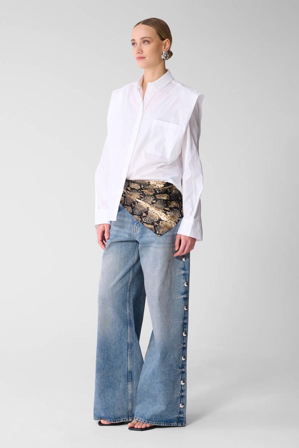Blauwe dames Shoeby regular waist wide leg jeans van katoen met rits- en knoopsluiting en effen