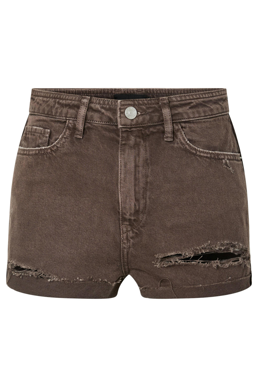 Bruine dames PIECES skinny high waist short van katoen met rits- en knoopsluiting en effen