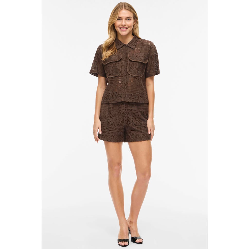 Bruine dames VILA katoenen loose jacquard top met korte mouwen en klassieke kraag