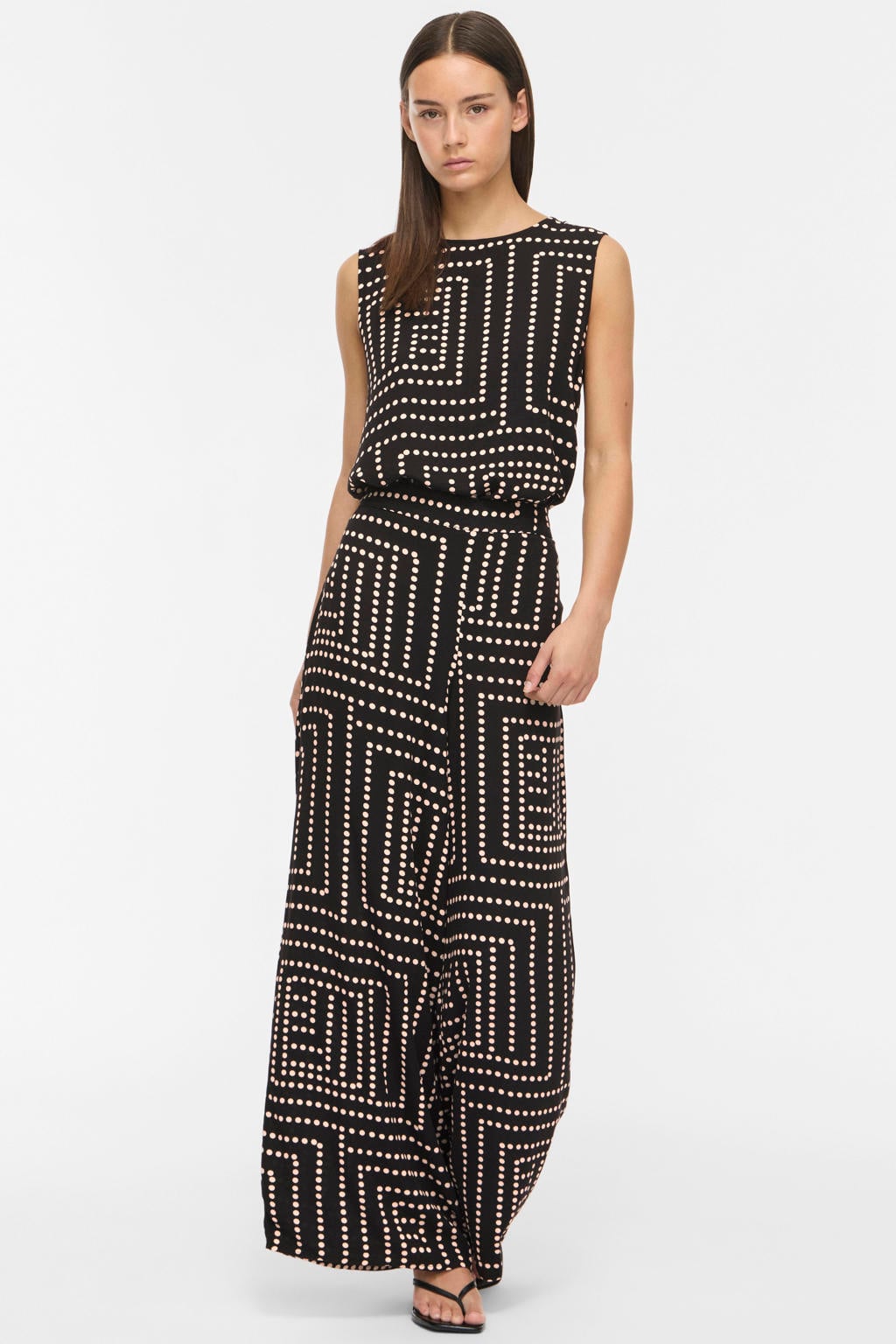 Zwart en beige dames VILA viscose wide leg palazzobroek met elastische inzet en stippenprint