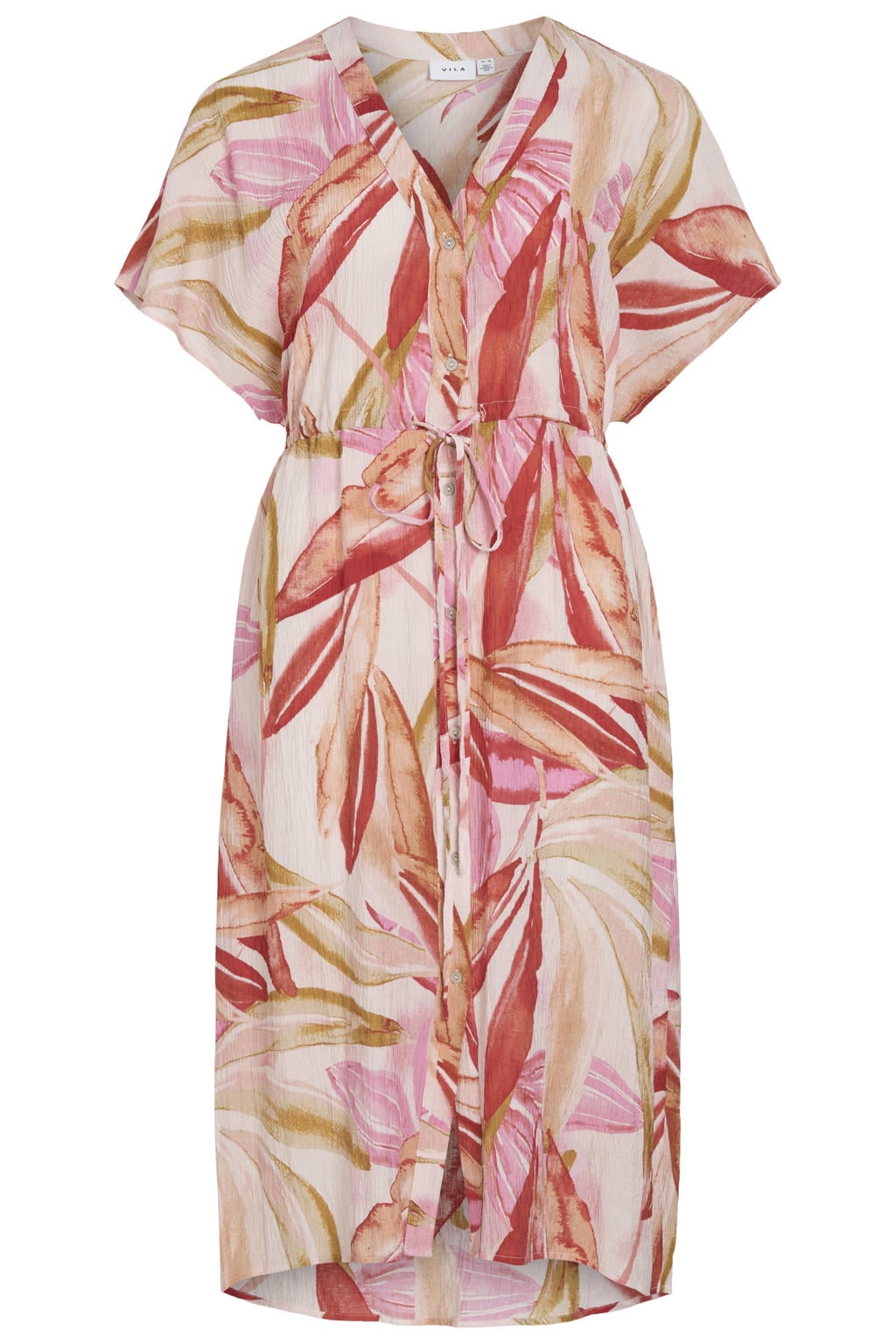 Multikleurige dames VILA midi jurk meerkleurig van viscose met bladprint, korte mouwen en V-hals