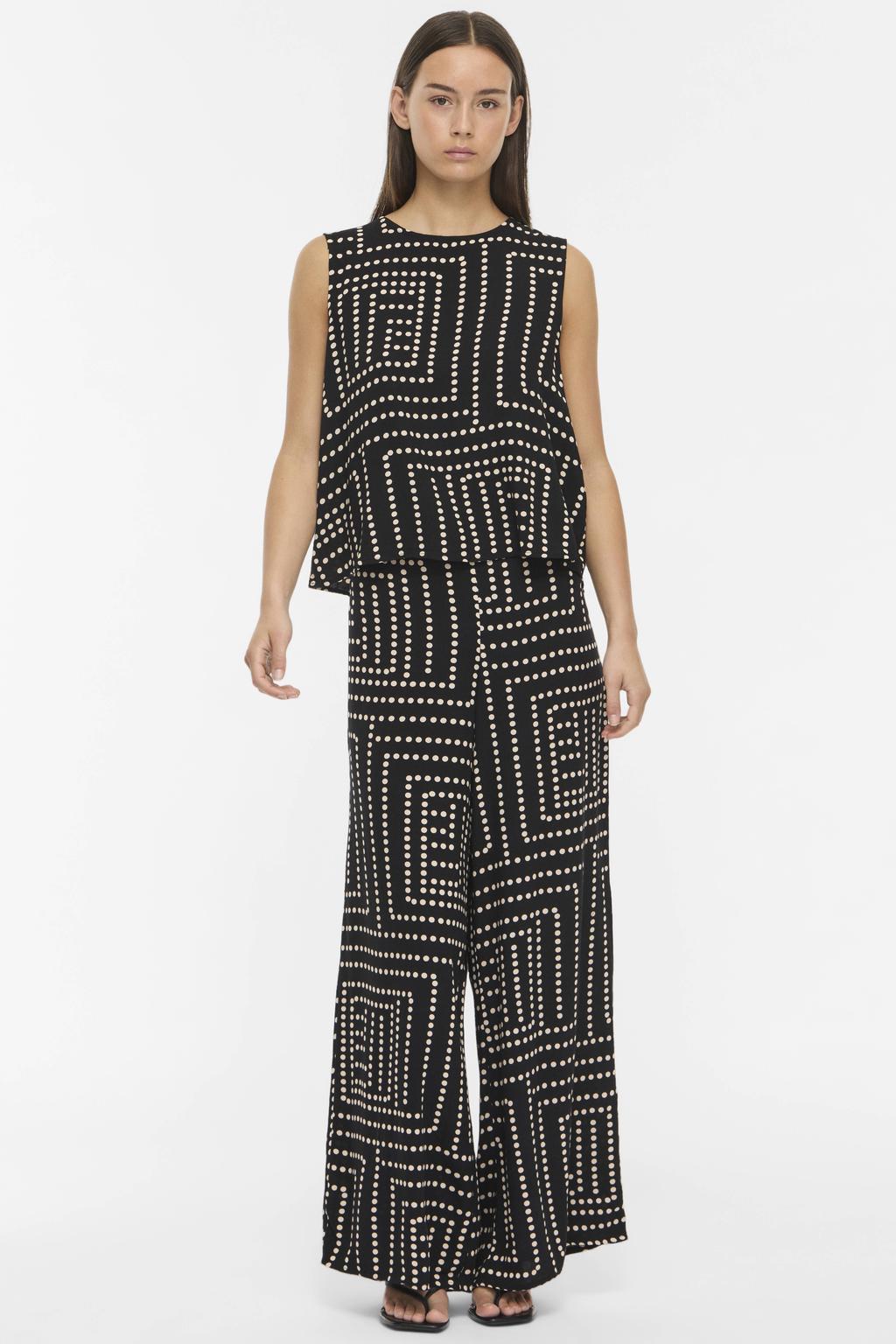 Zwart en beige dames VILA regular fit mouwloze top van viscose met stippenprint en ronde hals