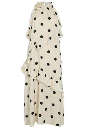 halter midi jurk met stippen en ruches - ecru