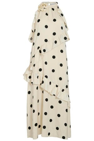 halter midi jurk met stippen en ruches - ecru