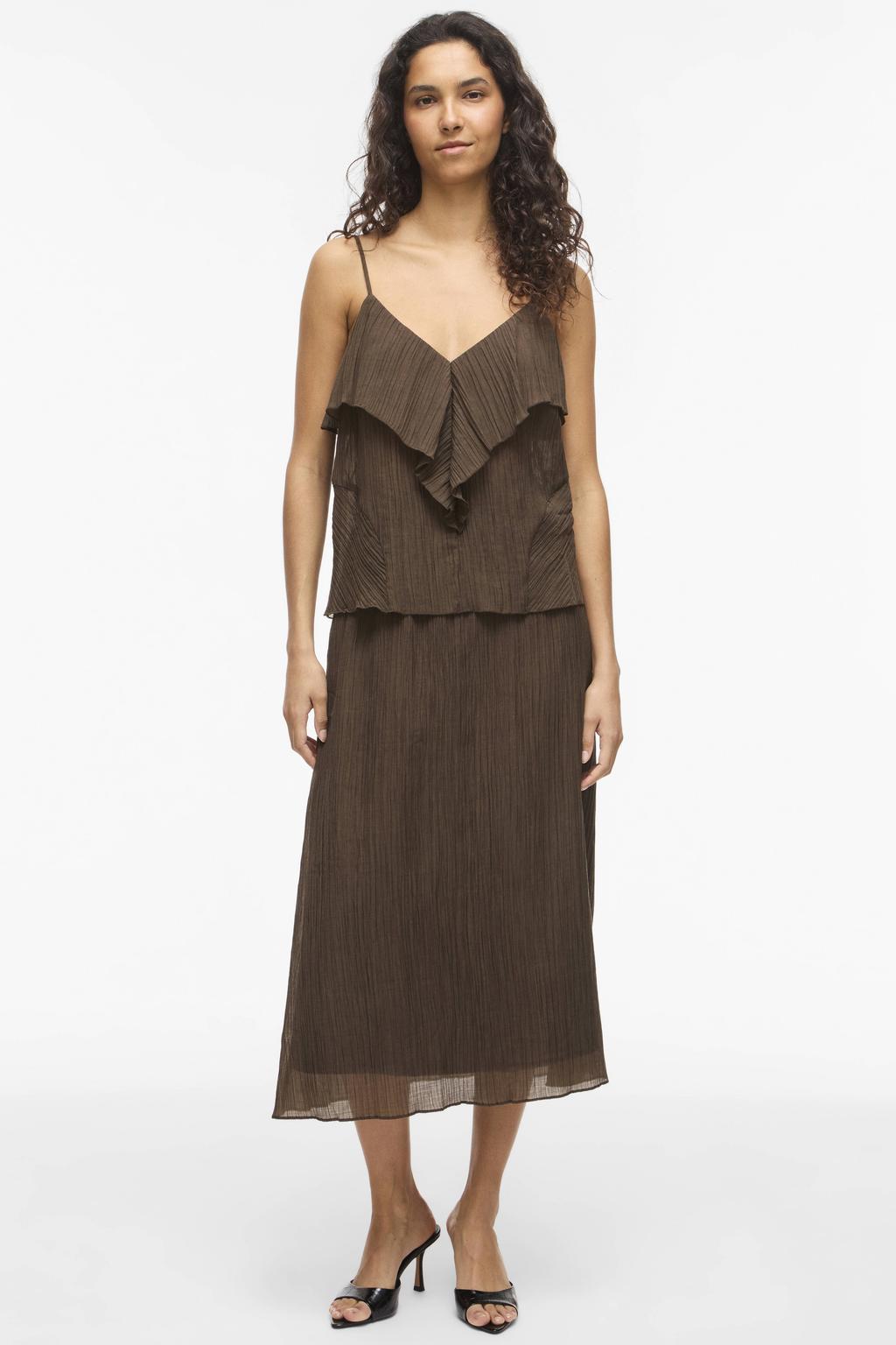 Bruine dames VILA regular fit top van lyocell met effen, spaghettibandjes, V-hals en ruches